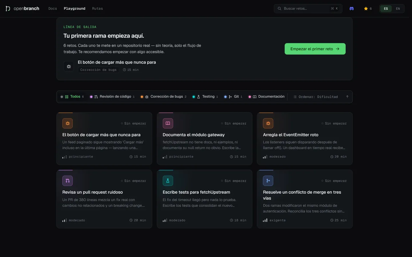 El playground, con los retos por categoría y el acceso con GitHub